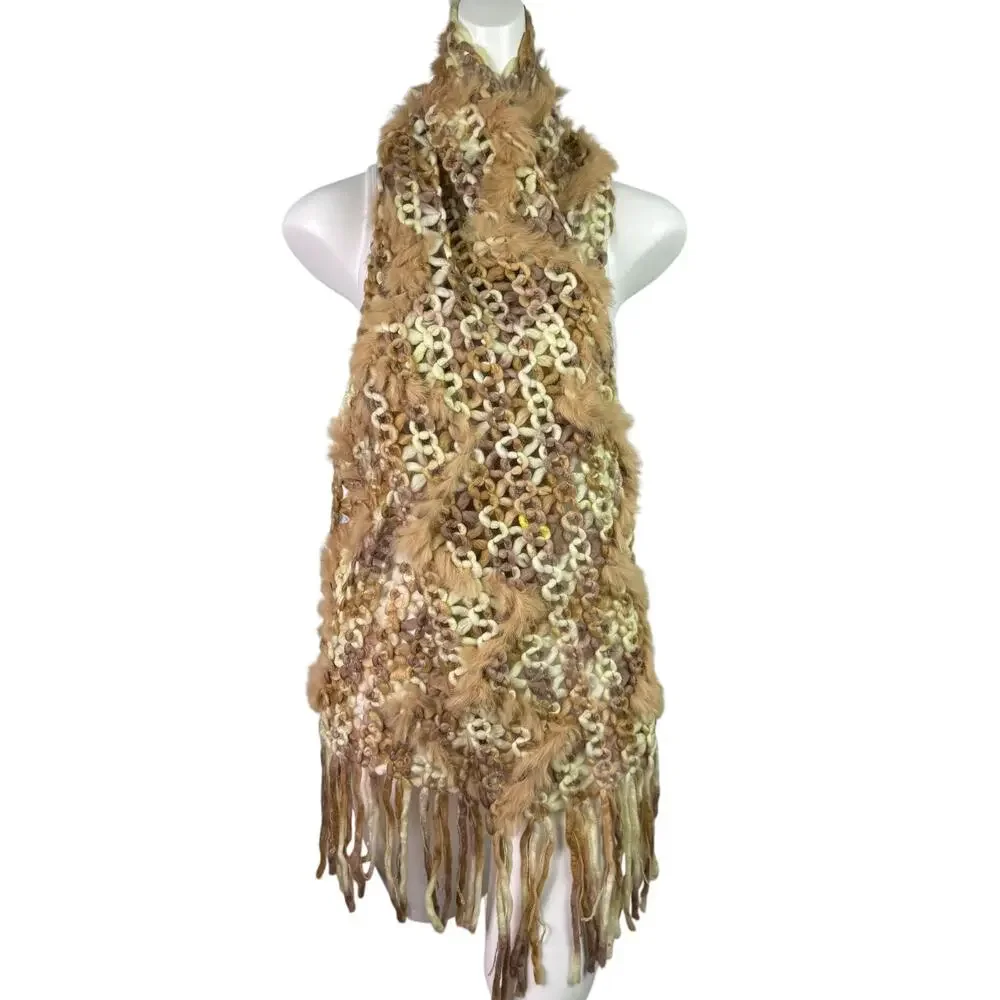 Pelle Nova Di Riviera Fur Fringe Knit Scarf Brown Tan Women's 75